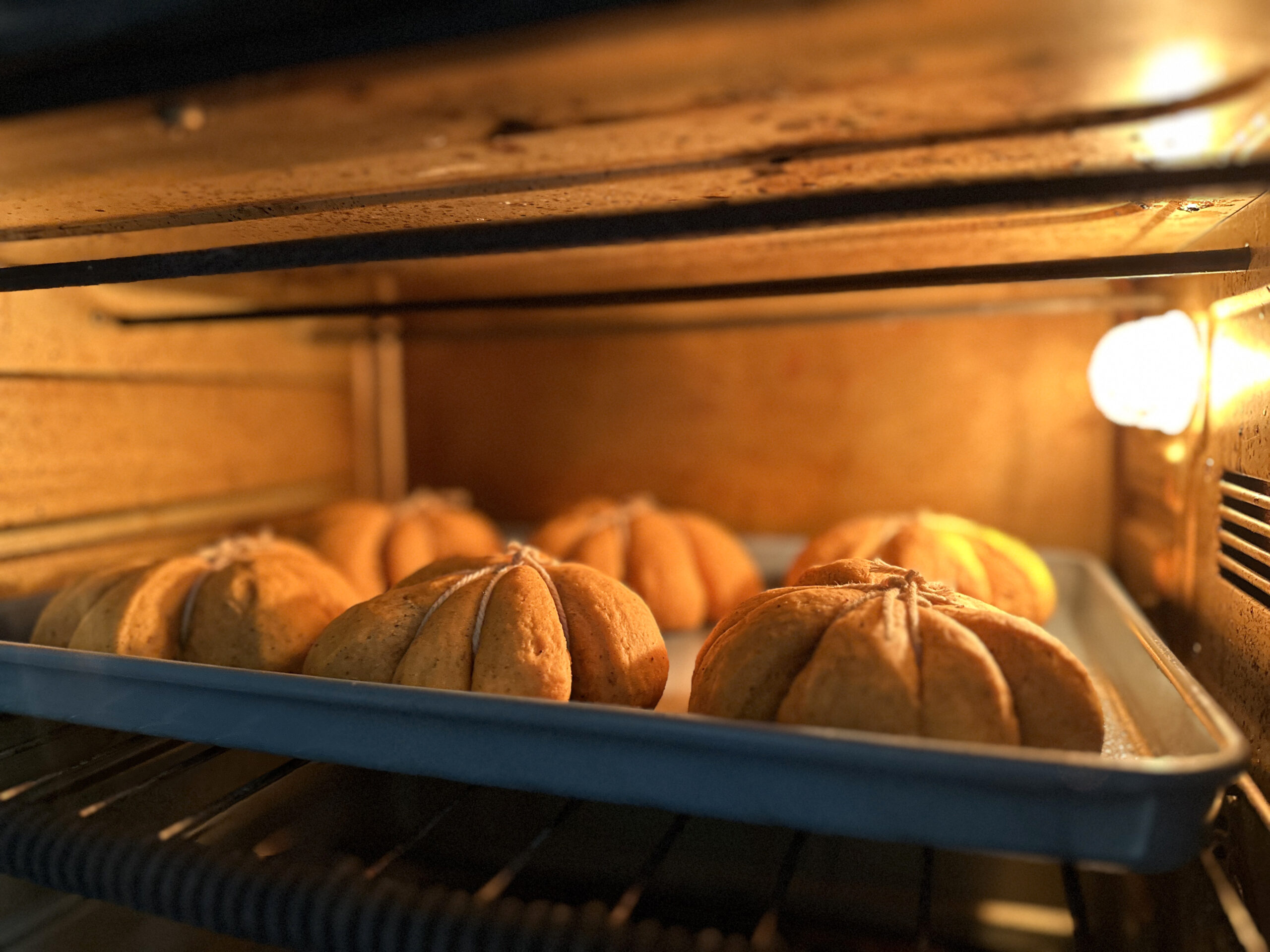close-up view of shelf inside of a hot oven with bread