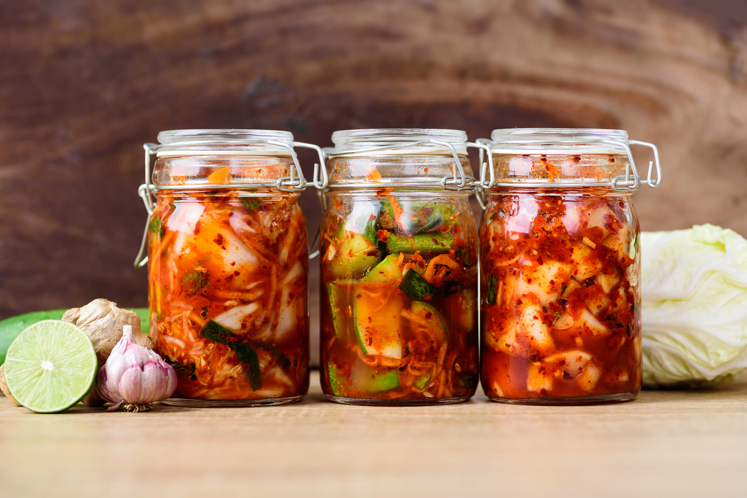 Various kimchi (kimchi cabbage, cucumber and radish) in jar, Korean food