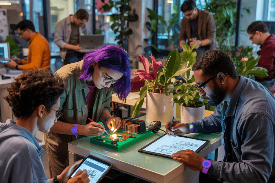 A group of diverse young engineers and designers collaborate in a plant-filled tech workspace. One woman with vibrant purple hair works on an illuminated circuit board, while others sketch electronic schematics on tablets and laptops. The setting is creative and modern, emphasizing innovation, teamwork, and sustainable tech with greenery throughout the room.