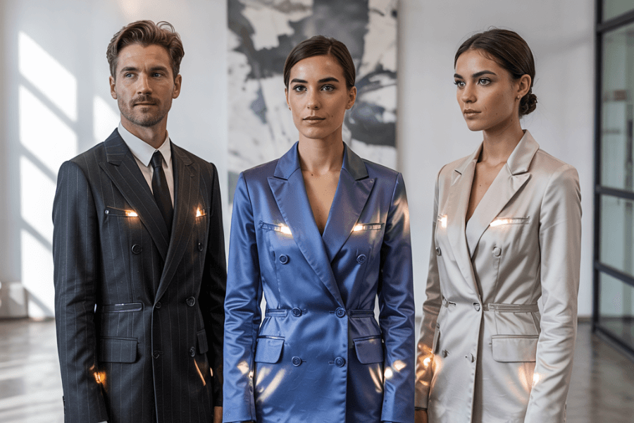 Three poised individuals—two women and one man—stand confidently in a sleek, modern office space, wearing futuristic suits with subtle glowing lights integrated into the fabric. The tailored outfits in metallic tones of gray, blue, and champagne reflect innovation in high-tech fashion, suggesting a professional, cutting-edge aesthetic.