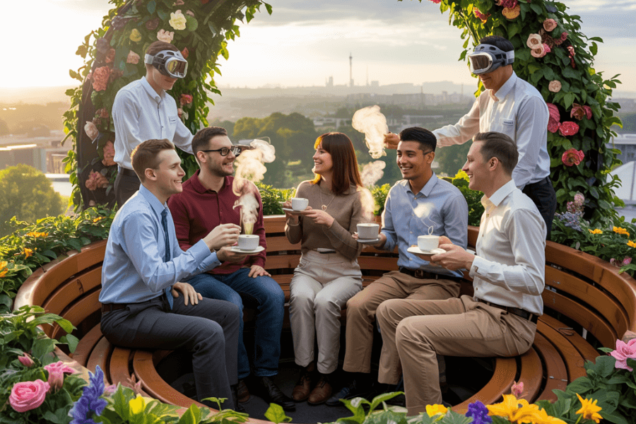 A group of young professionals sits in a circular wooden bench adorned with colorful flowers, enjoying steaming cups of coffee or tea during a cheerful outdoor meeting at sunset. Two servers wearing futuristic VR or AR headsets stand behind them, creating a blend of natural beauty and emerging tech in a rooftop garden with a panoramic city view.