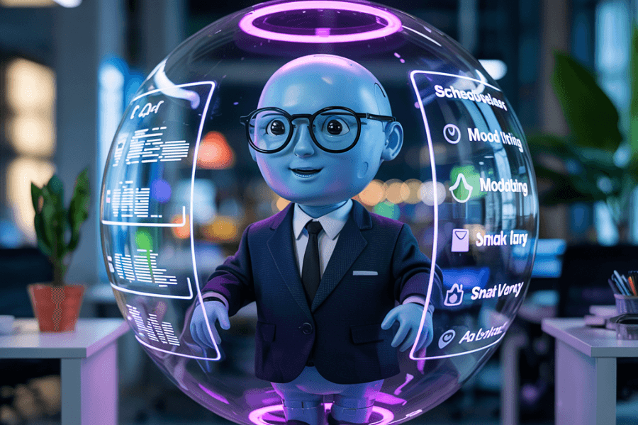 A small, blue, humanoid robot with large glasses and a business suit stands inside a glowing holographic sphere filled with vibrant purple and pink interface elements. Surrounding the robot are digital icons and text for scheduling, mood tracking, snacks, and alerts, suggesting it's a virtual office assistant in a futuristic workspace.