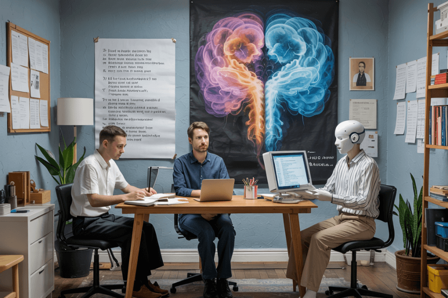 In a cozy office decorated with brain-themed art and research posters, two men and a humanoid robot sit at a wooden desk engaged in discussion. The robot operates an old-fashioned computer, while one man writes in a notebook and the other works on a laptop. The setting combines vintage tech with AI collaboration, emphasizing a quirky blend of neuroscience, research, and robotics.