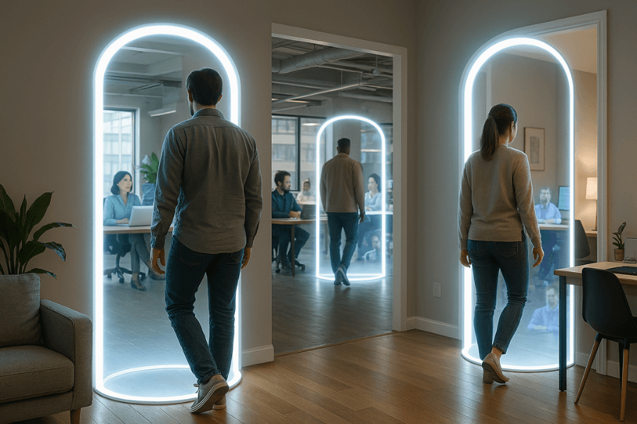 Two people, a man and a woman, walk through separate glowing portal-like doorways inside a modern office environment. The portals appear to connect different rooms or virtual spaces where teams are engaged in meetings, suggesting a futuristic method of seamless remote collaboration or teleportation-like workplace connectivity.