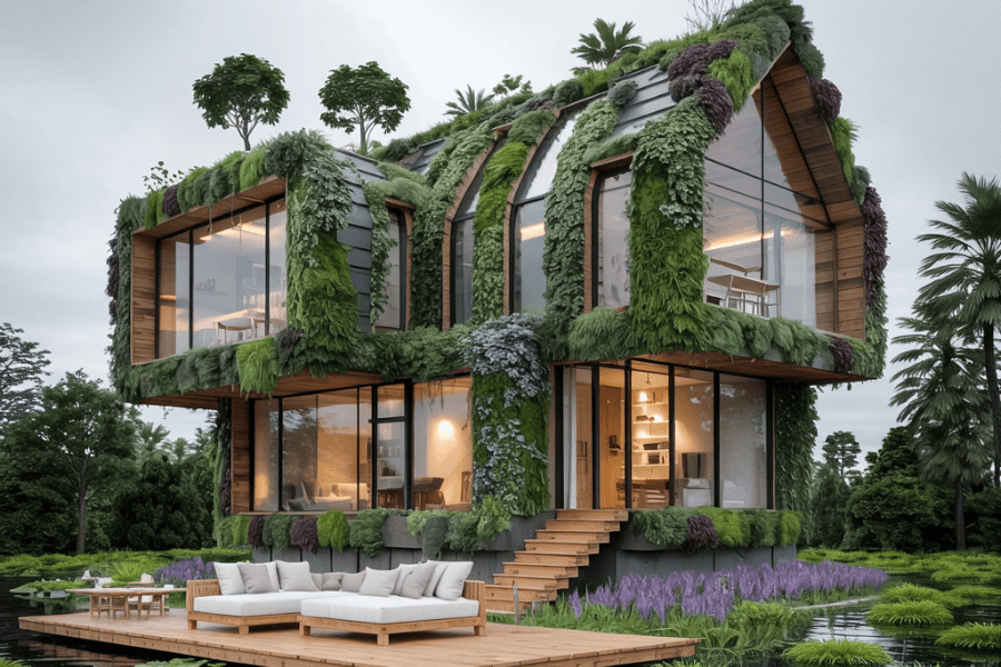  A stunning two-story modern eco-home stands surrounded by lush greenery and water, with its structure almost entirely wrapped in vertical gardens and plant-covered walls. Large glass windows reveal a warm, stylish interior, while a cozy wooden deck with white loungers floats above the water, blending luxurious living with sustainable architecture.