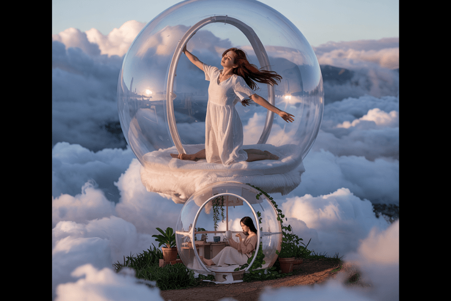A whimsical two-level glass pod floats among the clouds, with a woman in a white dress joyfully stretching inside the upper transparent dome filled with soft bedding. Below, another woman sits peacefully in the lower pod, surrounded by potted plants and natural light, writing at a small desk on a grassy cliff. The scene evokes serenity, freedom, and dreamy escape.