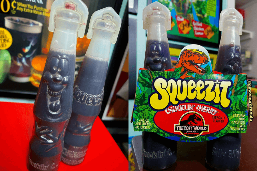 Two images side by side show bottles of Squeezit Chucklin' Cherry drink. The left image features two purple bottles with character faces molded into the plastic and white twist-off caps. The right image shows a pack of Squeezit bottles in themed "The Lost World: Jurassic Park" packaging, with a red dinosaur and jungle design.