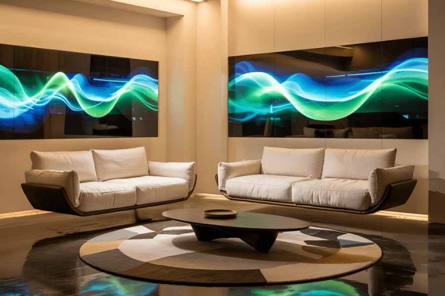 A sleek, modern lounge features two floating cream-colored sofas with wooden bases facing a low, minimalist coffee table atop a geometric rug. Behind the sofas, large digital wall panels display dynamic green and blue wave-like visuals, creating a stylish, tech-savvy ambiance with ambient lighting.