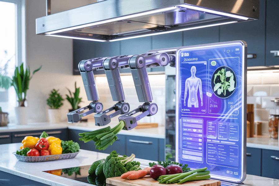A high-tech kitchen features a set of robotic arms suspended from above, actively preparing vegetables on a countertop surrounded by colorful produce. A transparent digital screen displays a health-focused interface with nutritional data and a human body diagram, highlighting a futuristic approach to personalized meal prep and smart cooking.