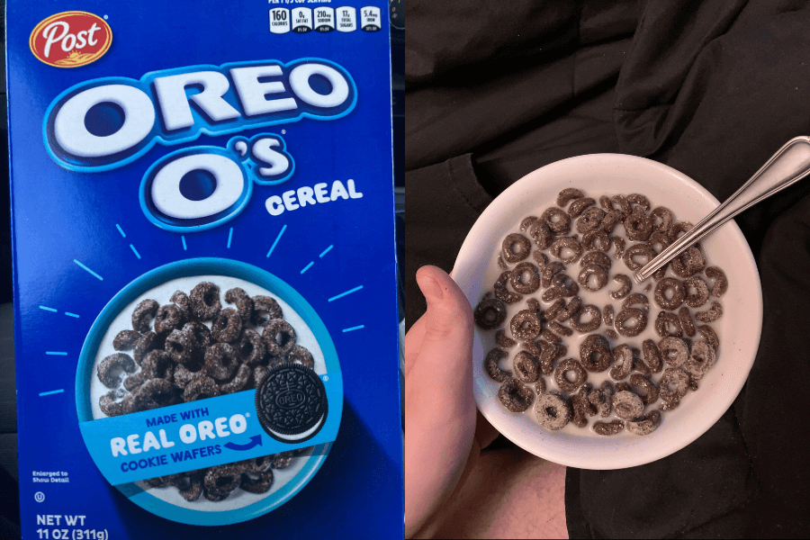 Side-by-side images show a box of Post Oreo O's cereal and a bowl of the cereal with milk. The box is blue and features a close-up of the chocolatey, O-shaped cereal pieces, highlighting that it's made with real Oreo cookie wafers.