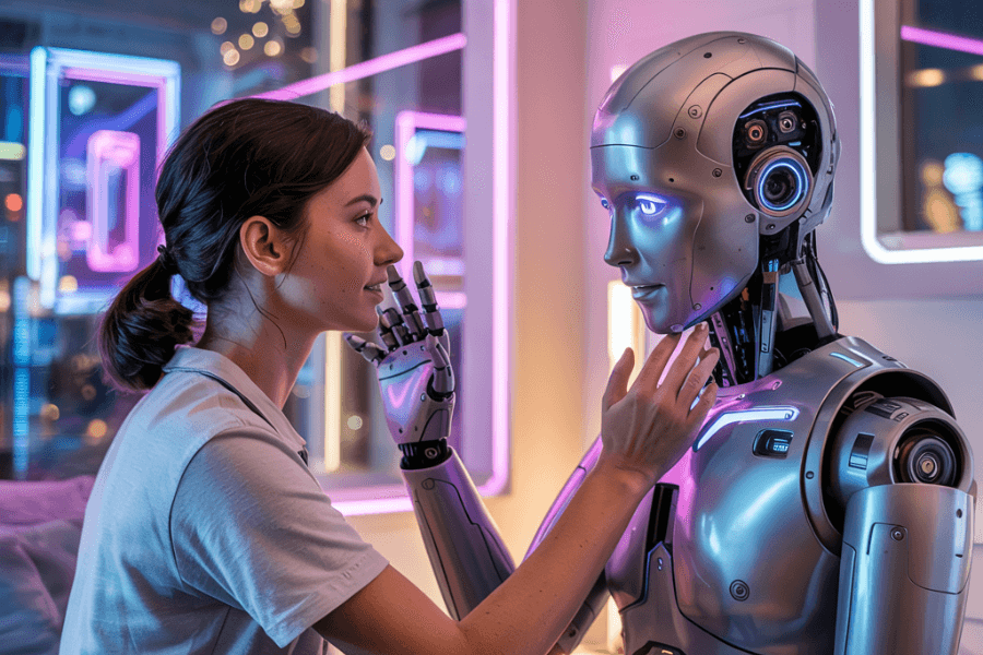 A young woman gently holds the face of a humanoid robot in a warmly lit room with neon lights and futuristic decor. The robot, with a sleek metallic body and glowing blue eyes, mirrors her gesture with its hand on her cheek, suggesting a moment of connection and empathy between human and machine.