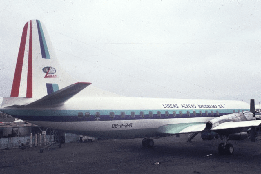 Vintage aircraft with the registration OB-R-941 parked on the tarmac, bearing the livery of "Líneas Aéreas Nacionales S.A." (LANSA), a former Peruvian airline. The tail features red, white, and green vertical stripes and the LANSA logo.