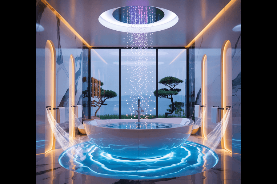 A luxurious, futuristic bathroom features a glowing, oval-shaped soaking tub centered beneath a circular skylight that emits cascading light and water. The high-gloss room is accented with golden lighting and sleek marble walls, while panoramic windows offer a serene view of manicured bonsai trees and the ocean beyond, blending nature with ultra-modern spa design.