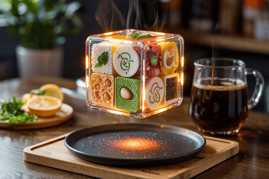 A glowing, transparent cube containing a variety of colorful gourmet dishes levitates above a sleek black plate on a wooden tray. Each face of the cube showcases unique textures and garnishes, resembling futuristic food modules. Beside it, a glass mug of steaming dark coffee and fresh ingredients on a cutting board complete the high-tech culinary scene.