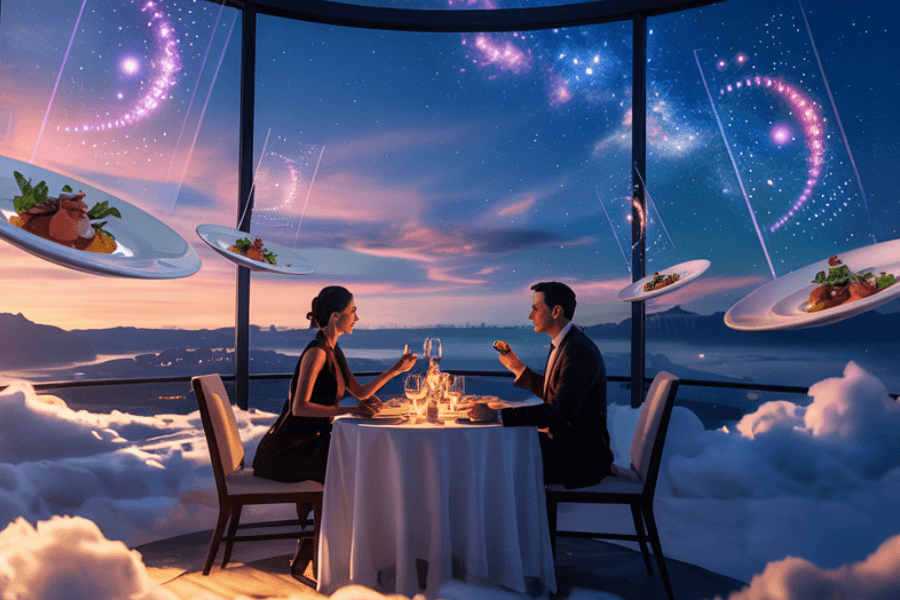 A couple enjoys a romantic dinner above the clouds in a futuristic sky restaurant, surrounded by floating gourmet dishes and holographic star patterns projected across a panoramic glass dome. The setting combines elegance with high-tech ambiance under a dreamy twilight sky filled with cosmic visuals.