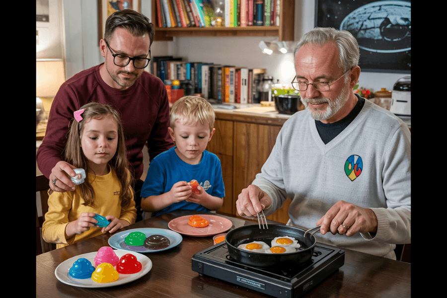 An older man cooks sunny-side-up eggs on a stovetop while two young children and an adult assist, each holding brightly colored silicone molds shaped like eggs. The table is filled with plates displaying a rainbow assortment of these molds, suggesting a fun, educational family cooking activity in a cozy kitchen environment.