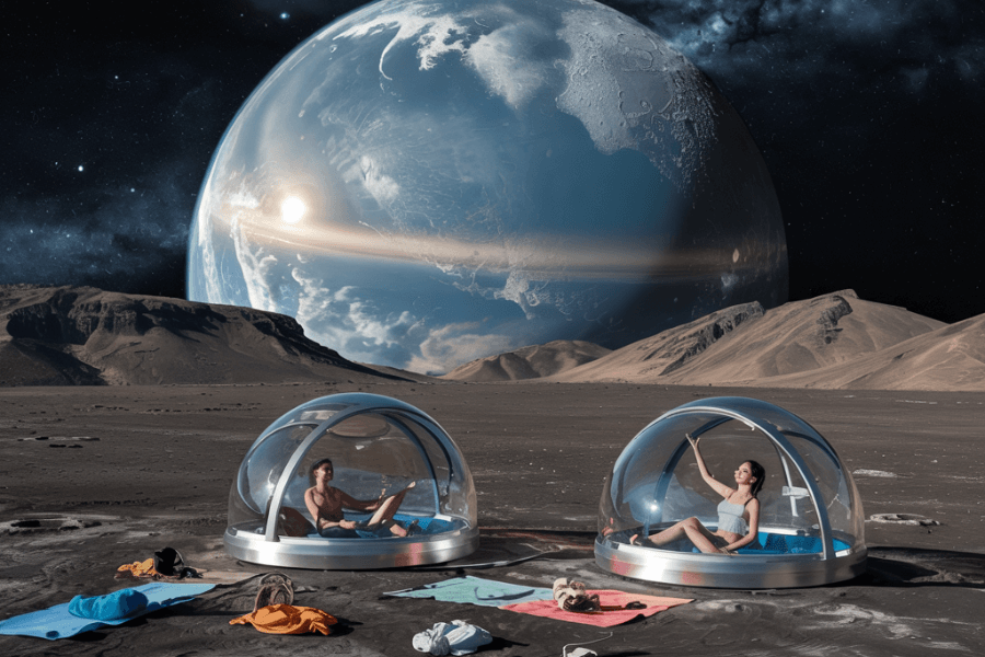 Two women relax in futuristic transparent domes on the surface of an alien planet, surrounded by towels and summer items scattered across the rocky terrain. Behind them, a colossal Earth-like planet dominates the sky, creating a surreal blend of beach day vibes and deep space exploration.