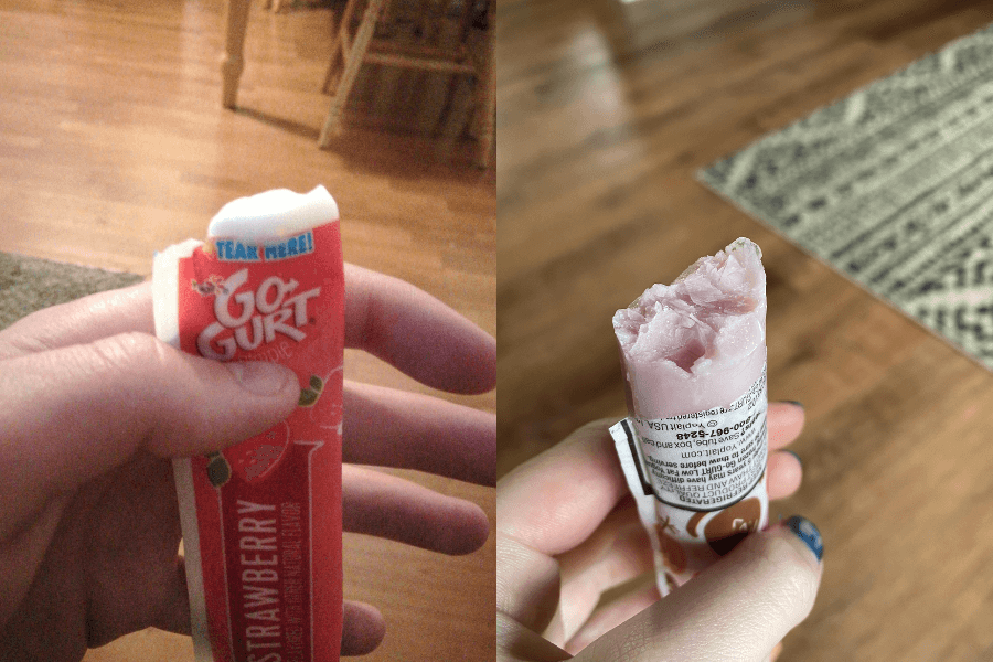 Side-by-side images of Go-Gurt tubes being eaten like frozen treats. The left shows an unopened strawberry-flavored Go-Gurt with a bite taken from the top, and the right shows a similar tube with pink frozen yogurt bitten down and exposed.