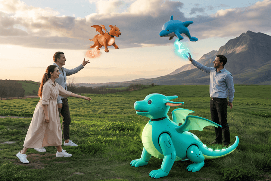 Three adults playfully interact with animated, glowing holographic creatures—a flying orange dragon and a blue dolphin—hovering above a scenic grassy field at sunset. At the center, a large teal robotic dragon sits on the ground, its eyes glowing, suggesting a blend of augmented reality and robotics in a futuristic outdoor game.