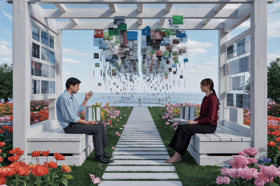 A man and woman sit across from each other on white wooden benches beneath a modern pergola adorned with hanging digital screens or transparent panels, creating an artistic canopy. They are surrounded by vibrant flower beds along a white stone path leading toward a serene ocean view under a blue sky. The setting blends natural beauty with digital art, suggesting a peaceful, tech-infused conversation space.