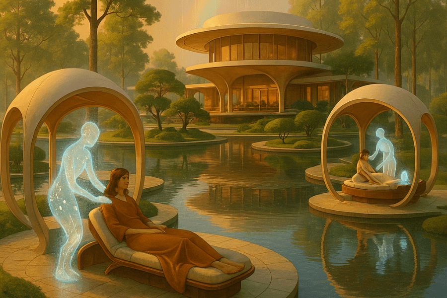 In a serene, futuristic spa garden with tranquil water features and elegant domed structures, glowing humanoid holograms provide massage therapy to relaxed guests lounging on cushioned daybeds. The setting, bathed in warm light with lush trees and a soft rainbow in the distance, blends nature, wellness, and advanced virtual care.