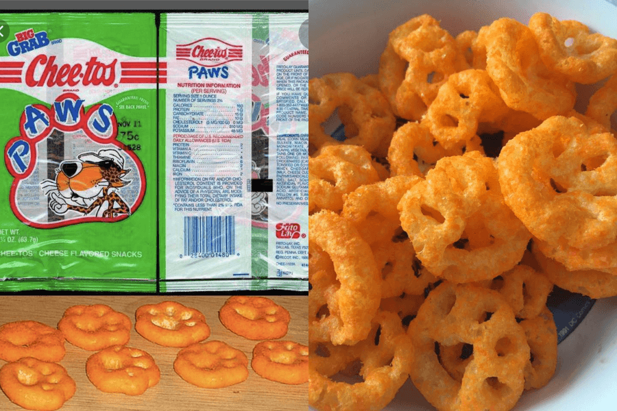 Side-by-side image showing vintage Cheetos Paws packaging on the left, with orange cheese-flavored snacks shaped like animal paw prints displayed below. On the right is a close-up of a bowl filled with the same Cheetos Paws snacks, showcasing their airy, crunchy texture and bright orange coating.