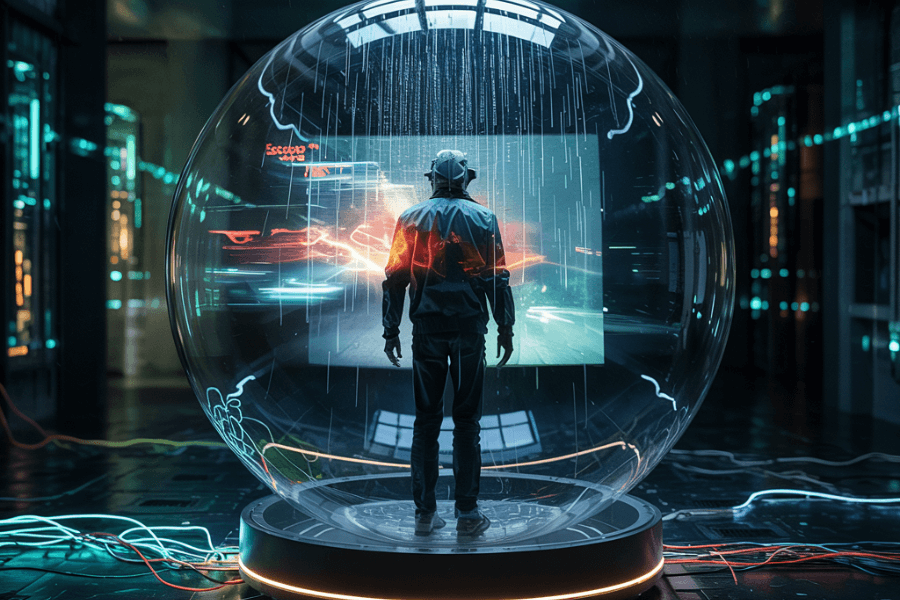 A person wearing a VR headset stands inside a transparent, high-tech spherical pod surrounded by glowing cables and digital projections. The immersive environment displays a futuristic cityscape with streaks of light, suggesting a deep dive into a virtual reality simulation or cyber training program in a cutting-edge facility.