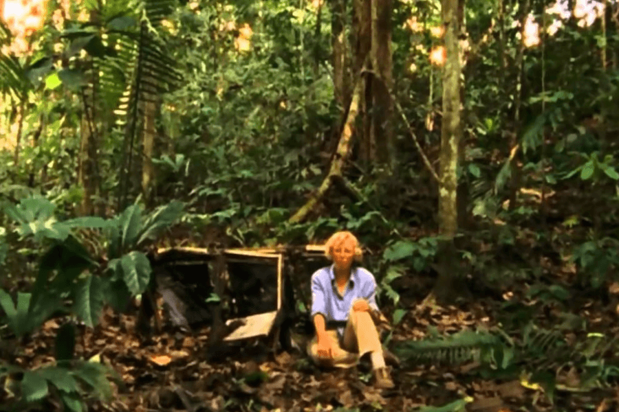 A woman sits on the forest floor beside a piece of broken aircraft debris deep in the jungle, surrounded by tall trees and dense foliage. She appears calm but reflective, wearing a light blue shirt and khaki pants, blending into the wild, humid environment.