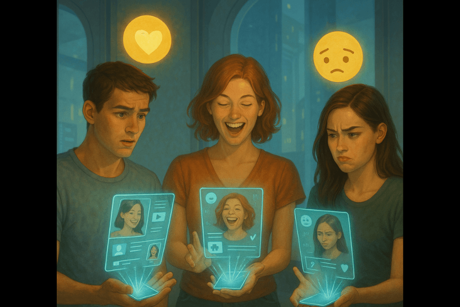 Three young people interact with glowing holographic social media profiles projected from their hands, each displaying images and icons. The central woman smiles happily with a glowing heart emoji above her, while the man on the left looks surprised and the woman on the right appears upset, both with sad emojis. The scene captures the emotional highs and lows of digital identity and online validation.