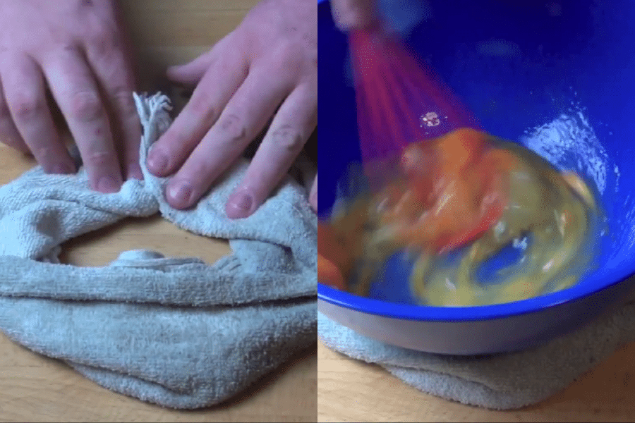 Side-by-side images showing a kitchen hack: on the left, a towel is twisted into a donut shape to create a stable base, and on the right, a blue mixing bowl rests securely on the towel while eggs are being whisked.