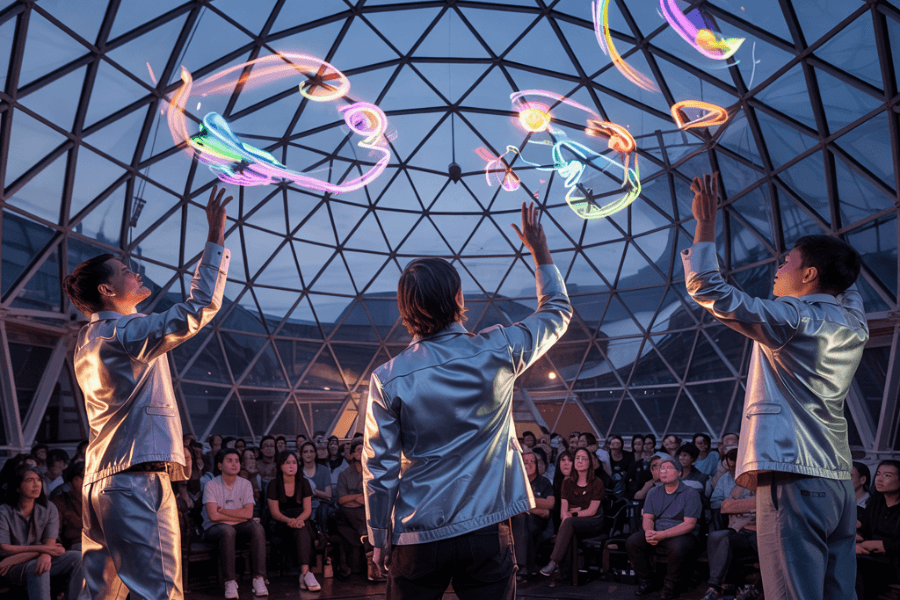 Three performers in shiny silver outfits juggle or manipulate colorful, glowing holographic shapes inside a glass-domed structure, while a captivated audience watches from their seats. The futuristic dome, illuminated by twilight skies, sets the scene for a dazzling blend of technology and live entertainment.