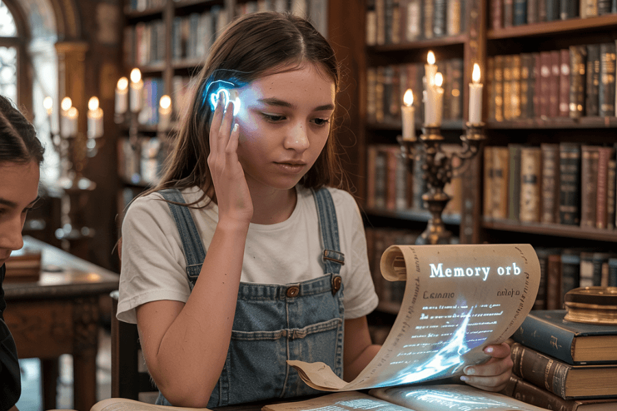 A young girl in denim overalls studies a glowing scroll labeled “Memory orb” in an old-fashioned library filled with books and candlelight. She touches a futuristic neural interface on her temple, suggesting a fusion of ancient wisdom and advanced memory-enhancing technology.