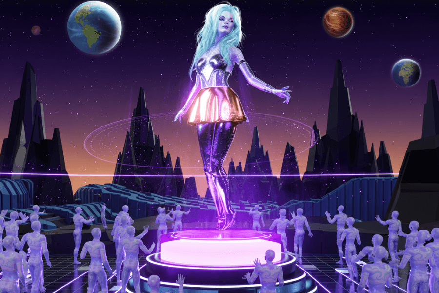 A dazzling futuristic pop star with glowing blue hair and a shimmering outfit performs on a floating stage in an otherworldly landscape, surrounded by holographic humanoid figures reaching out in awe. The cosmic background features dramatic black spires, orbiting planets, and glowing energy rings, evoking a galactic concert or virtual idol performance.