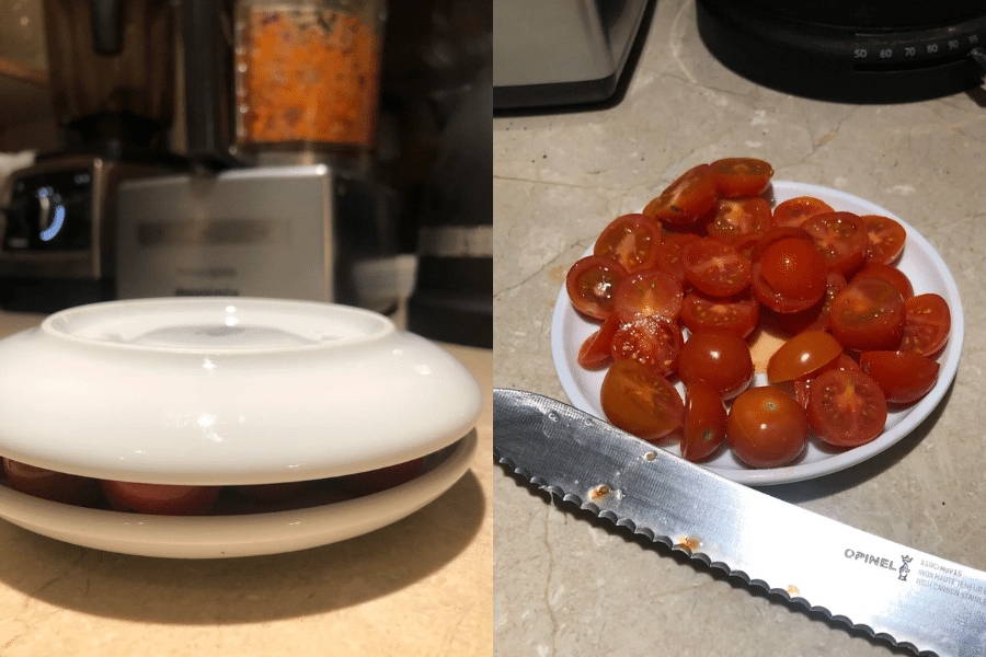 Side-by-side images demonstrating a kitchen hack: on the left, cherry tomatoes are sandwiched between two plates for stability; on the right, the tomatoes are shown perfectly halved with a serrated knife after slicing through the gap.