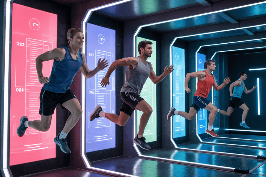 A group of young men run energetically on high-tech treadmills inside a futuristic gym, each surrounded by colorful digital panels displaying fitness data and performance stats. The sleek, neon-lit environment suggests an advanced training facility where technology enhances athletic performance and immersive workout experiences.