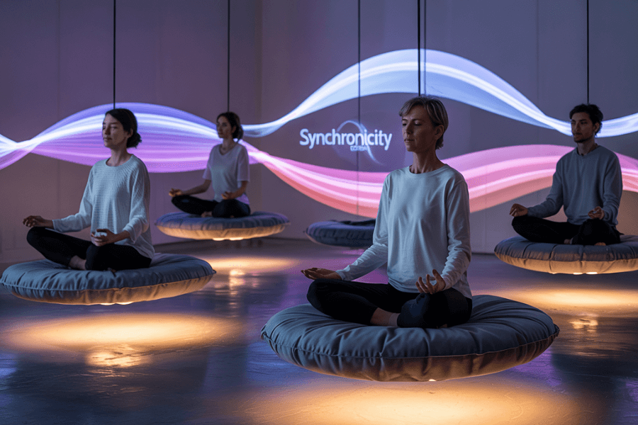 A group of individuals practice meditation on softly glowing, levitating cushions in a futuristic wellness studio, surrounded by ambient lighting and abstract wave visuals projected on the walls. The word "Synchronicity" appears in the background, evoking a sense of harmony and technological mindfulness.