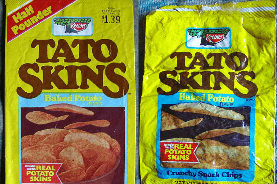 Two vintage bags of Keebler Tato Skins baked potato chips in the Baked Potato flavor are shown side by side. Both yellow packages prominently feature the Keebler logo, bold brown text, and a red label stating "made with real potato skins," with one marked as a half-pound size.