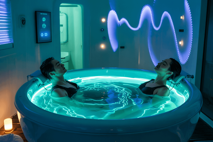 Two people relax in a glowing, high-tech hydrotherapy tub inside a dimly lit spa room with ambient lighting and interactive digital controls. Soft blue and purple wave patterns are projected on the wall, enhancing the futuristic and serene atmosphere of this immersive wellness experience.