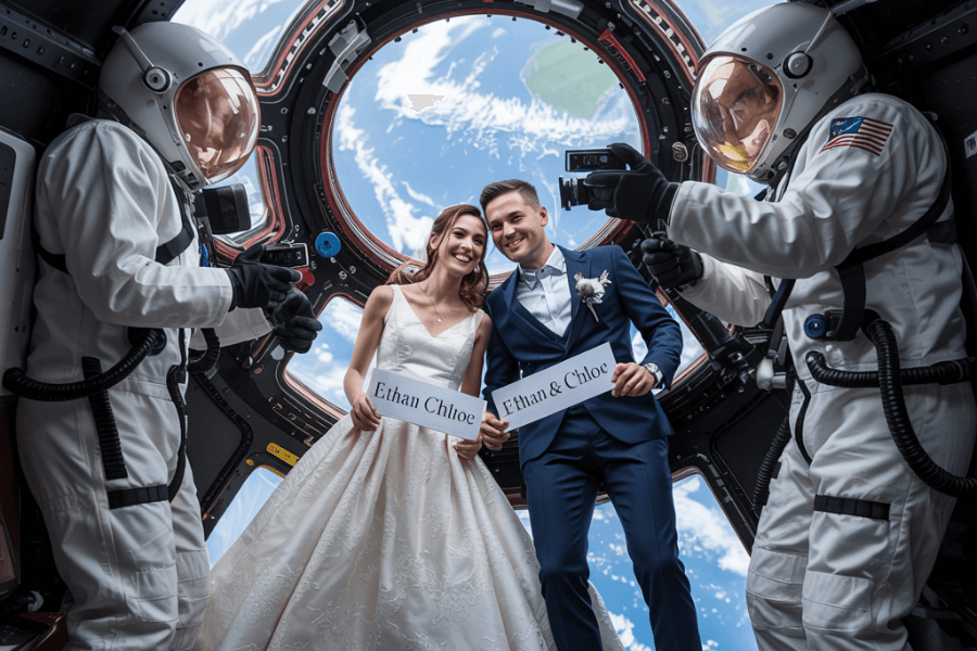 A bride and groom, Ethan and Chloe, pose joyfully in wedding attire aboard a spacecraft with Earth visible through a large circular window behind them. Two astronauts in full space suits capture the moment with cameras, creating a surreal and celebratory scene of a zero-gravity wedding in space.