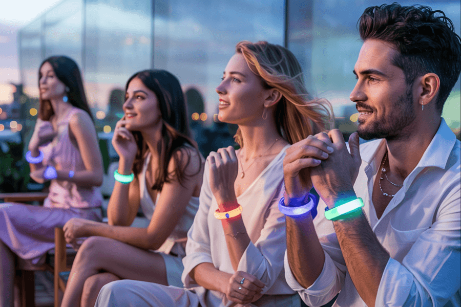 A group of stylish young adults sits together on a rooftop at sunset, wearing glowing multicolored smart bracelets that light up in soft hues of blue, green, pink, and orange. Their expressions are filled with anticipation and wonder as they gaze at something off-frame, evoking a shared immersive experience enhanced by wearable tech.