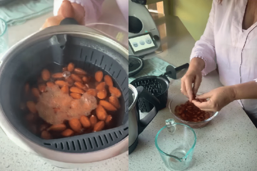Side-by-side images showing the process of blanching almonds: on the left, almonds are boiling in water inside a basket insert; on the right, a woman in a pink shirt is peeling the skins off the blanched almonds at a kitchen counter.