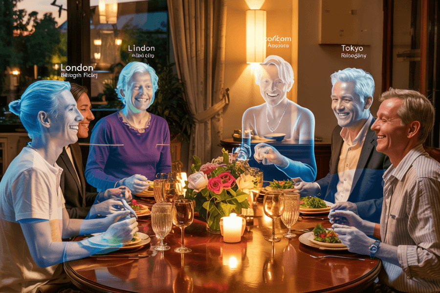 A group of people sharing a candlelit dinner, with several participants appearing as holograms labeled with city names like London, Lindon, and Tokyo, suggesting a virtual gathering. The holograms are semi-transparent with glowing edges, while the rest of the group appears physically present, highlighting a futuristic global dining experience enhanced by telepresence technology.