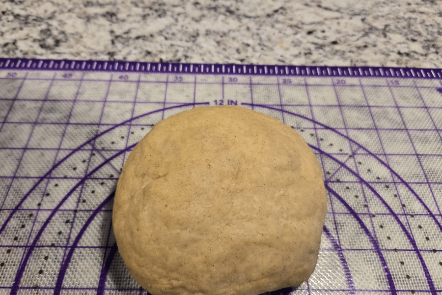 Ball of smooth, lightly speckled dough resting on a purple grid-lined silicone baking mat, with measurement markings in inches and centimeters for precise rolling. The dough appears ready for shaping or proofing.