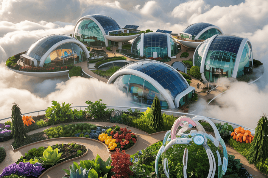 A futuristic community of dome-shaped homes with large solar panel roofs floats among the clouds, connected by winding garden paths lined with vibrant plants and oversized sculptural fruits. In the foreground, a lush rooftop garden features a variety of colorful vegetation and a high-tech structure resembling a botanical observation hub.