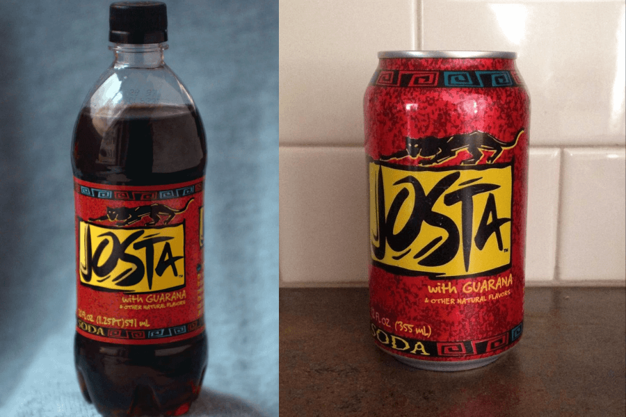 Side-by-side image of a bottle and a can of Josta, a discontinued PepsiCo soda made with guarana and other natural flavors. Both packages have bold red designs with tribal-style borders and a black panther graphic above the yellow Josta logo.