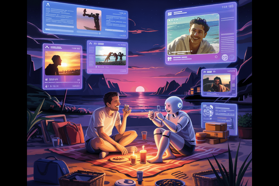 A man and a humanoid robot enjoy a sunset beach picnic, sitting cross-legged on a blanket with candles, drinks, and snacks spread out. Around them, holographic social media profiles and memories float in the air, showing images of people, adventures, and scenic moments, blending technology and emotion in a serene coastal setting.
