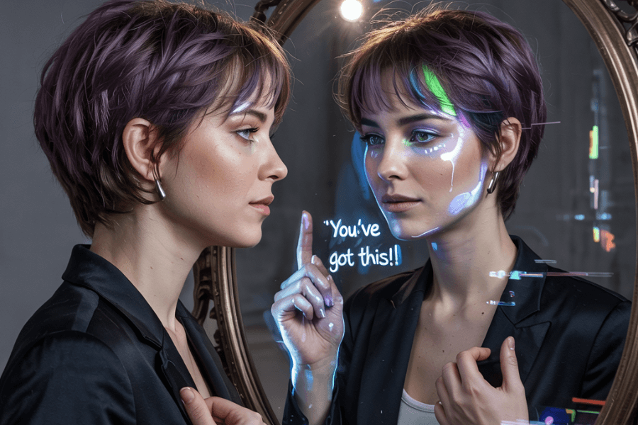 A woman with short purple hair stands in front of a futuristic mirror that reflects a digital version of herself with glowing accents and the motivational message "You've got this!!". The real and digital selves face each other with intensity and determination, highlighting a moment of self-empowerment and augmented reality.