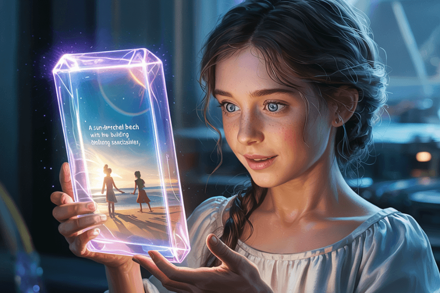 A young girl with braided hair and glowing blue eyes gazes in awe at a crystal-like holographic device displaying an image of two children walking on a sunlit beach. The device emits a magical purple light and includes partially readable text: “A sun-stretched beach with two building blinking silhouettes,” evoking a sense of wonder and futuristic storytelling.