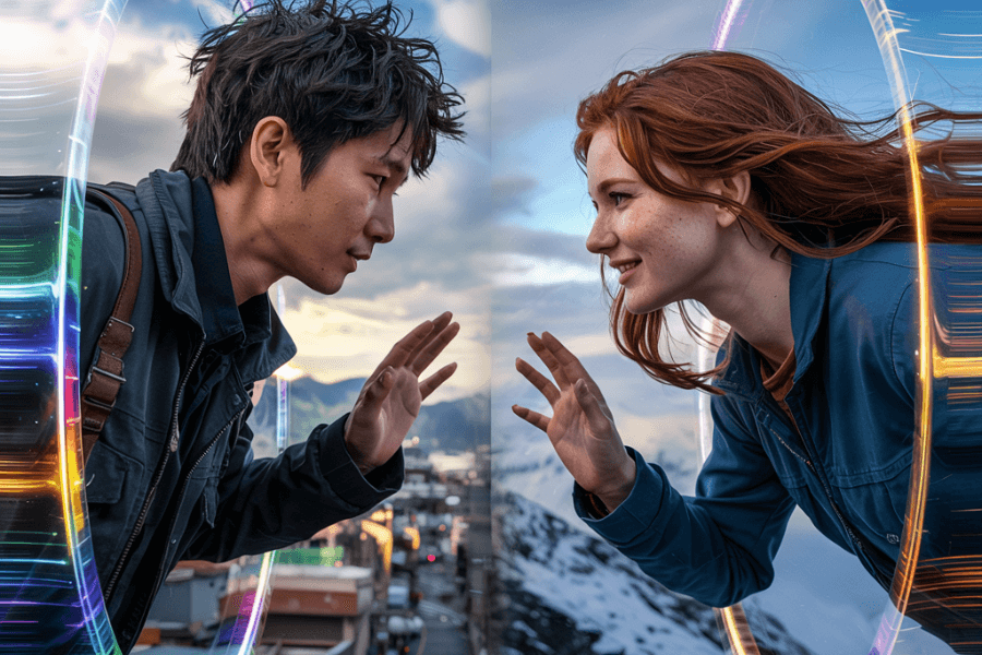 A young man and woman reach out toward each other through two glowing, circular portals that connect different locations—he stands in an urban cityscape at sunset, while she is in a snowy mountain setting at dawn. Their hands nearly touch through the vibrant, rainbow-hued portals, suggesting a futuristic, emotional connection across time or dimensions.