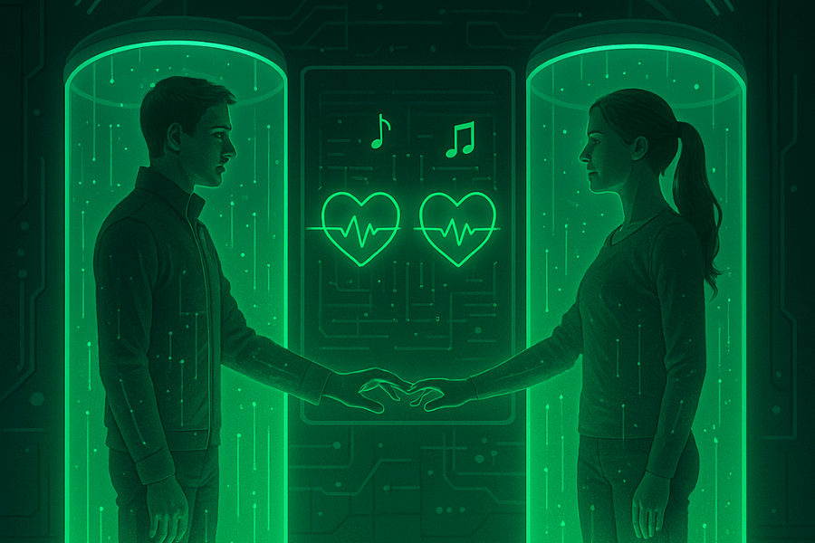 A man and woman, each inside separate glowing green digital chambers, reach out toward each other with fingertips almost touching. Between them, a futuristic display shows two heart icons with synchronized pulse lines and musical notes above, symbolizing emotional and possibly digital connection through music and technology.